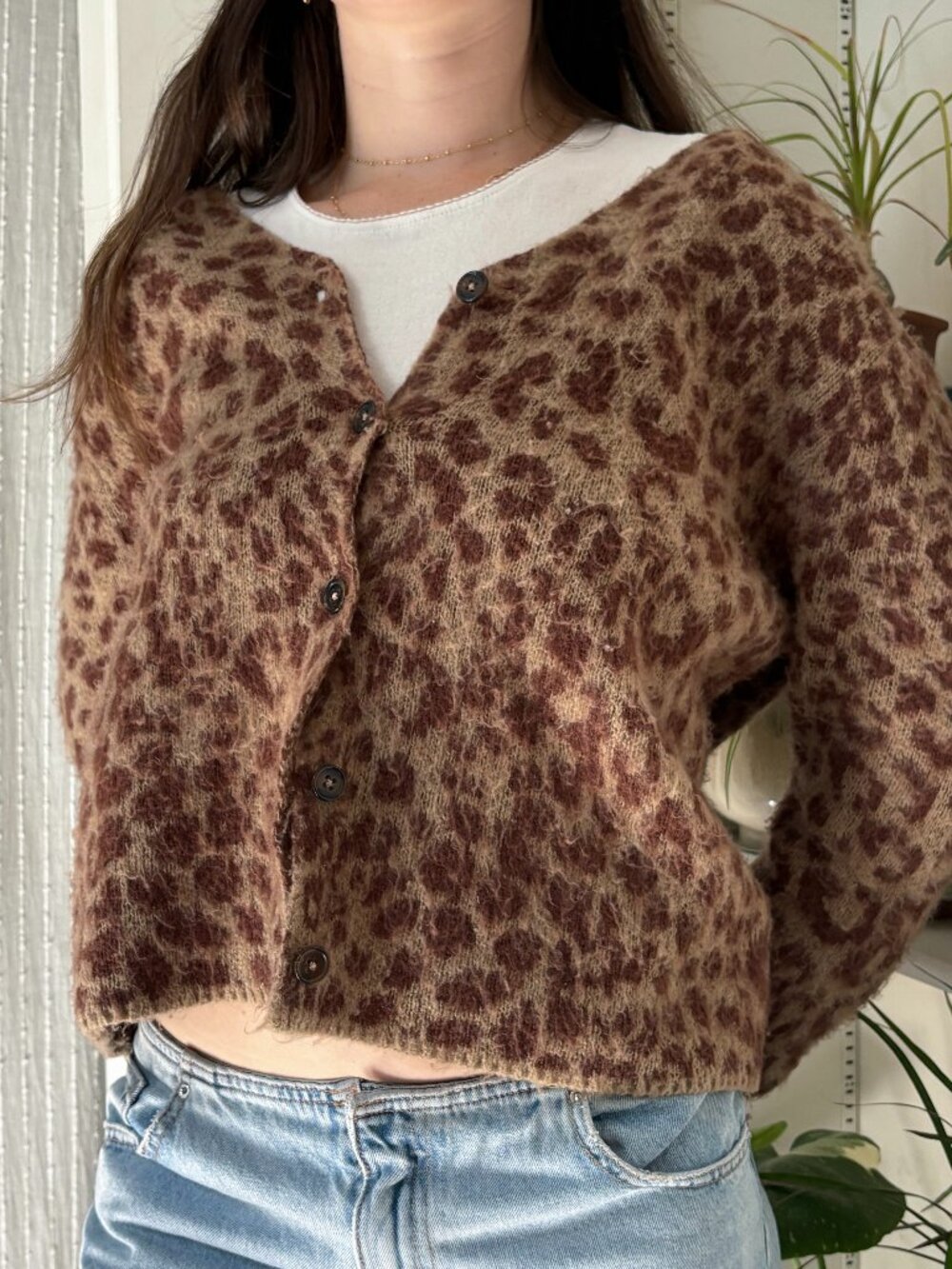 Collusion Fluffy Leopard Print V-neck Cardigan - S